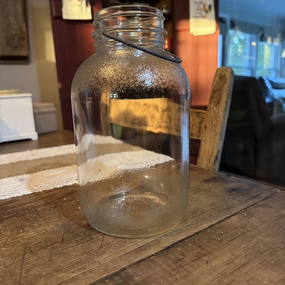 Hazel-Atlas Vintage Syrup Pail with Wire Bail Handle Clear Pebbled Shoulder 8in